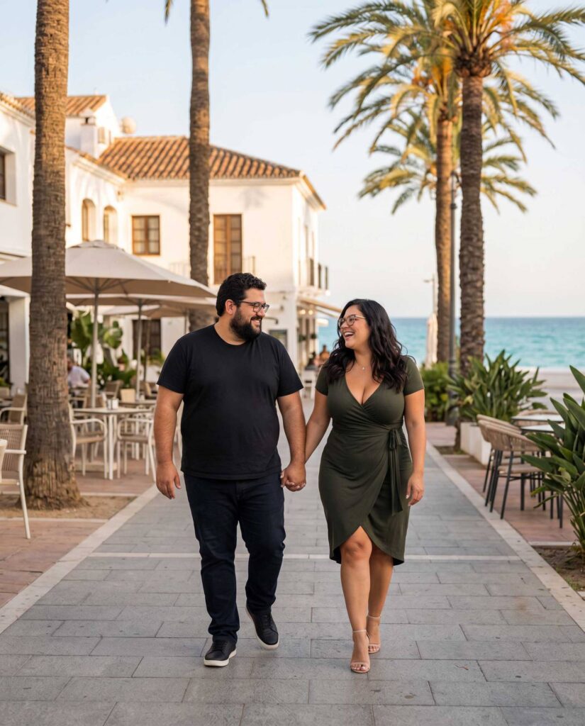 Anna und Karl gehen Hand in Hand über eine mediterrane Promenade mit Palmen und Blick auf das Meer.