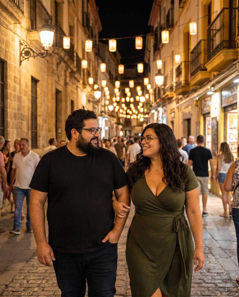 Anna und Karl spazieren am Abend durch eine belebte Altstadtstraße in Sevilla.