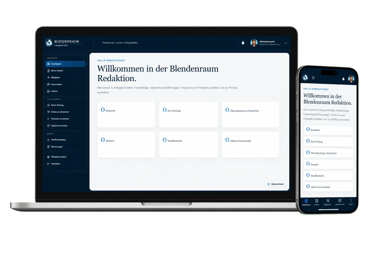 Vorschau des Blendenraum Mitgliederbereichs auf einem Laptop und einem Smartphone.