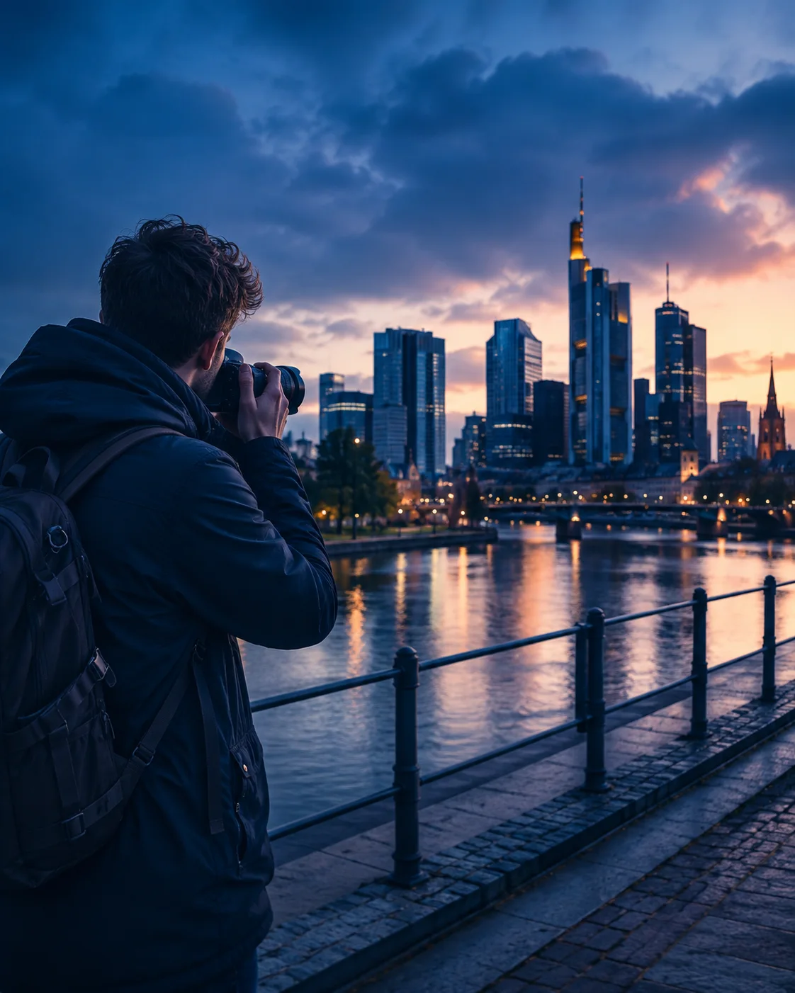 Fotograf am Mainufer mit Blick auf die Frankfurter Skyline während der blauen Stunde.