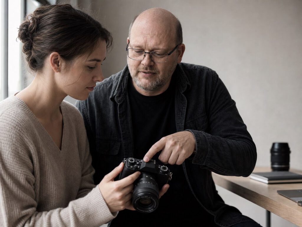 Persönliche Erklärung der Kameraeinstellungen während eines Fotokurses