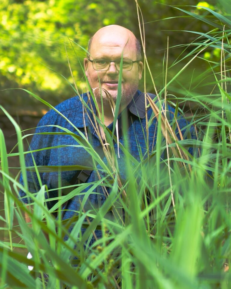 Heiko steht zwischen hohem Schilf in einem Park in Frankfurt-Sossenheim.
