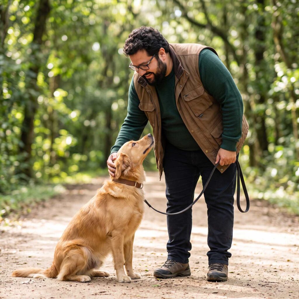 Karl streichelt einen sitzenden Hund auf einem sonnigen Waldweg.