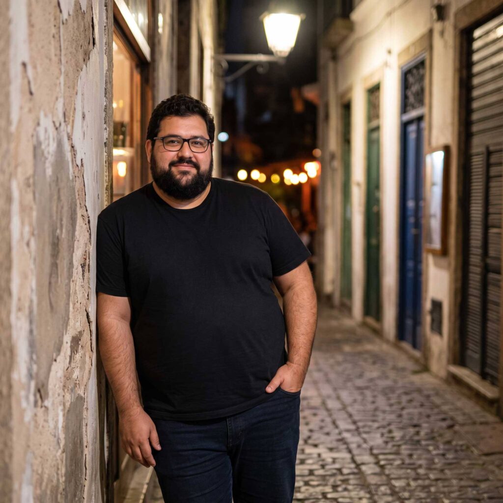 Karl steht bei Nacht in einer schmalen historischen Altstadtgasse und blickt in die Kamera.