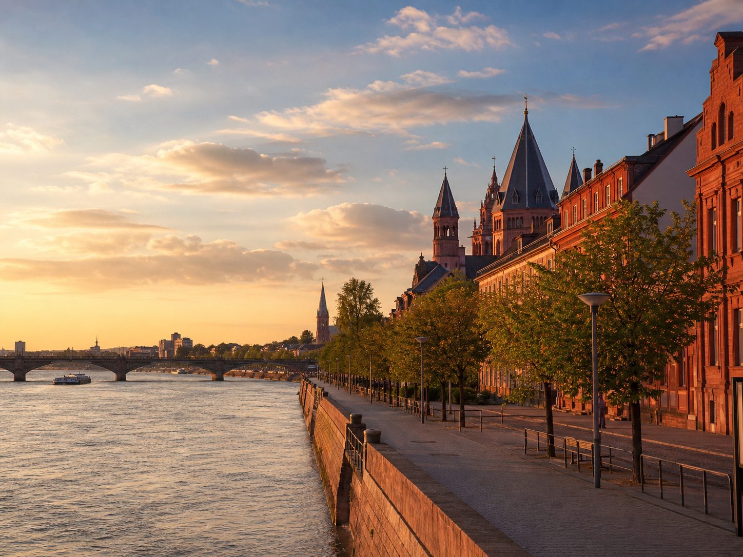 Atmosphärisches Symbolbild einer Stadt am Rhein mit rotem Sandstein und Uferpromenade