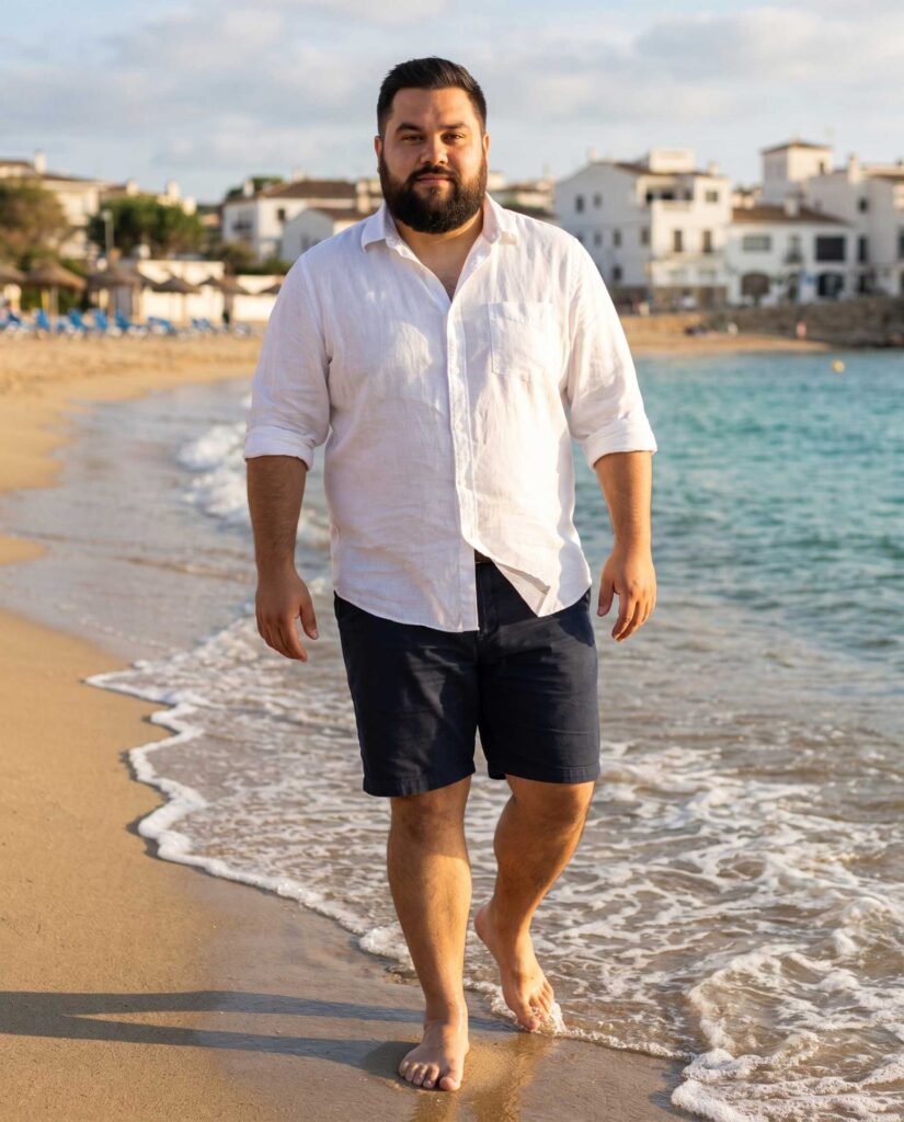 Mark läuft barfuß am sonnigen Strand entlang und blickt direkt in die Kamera.