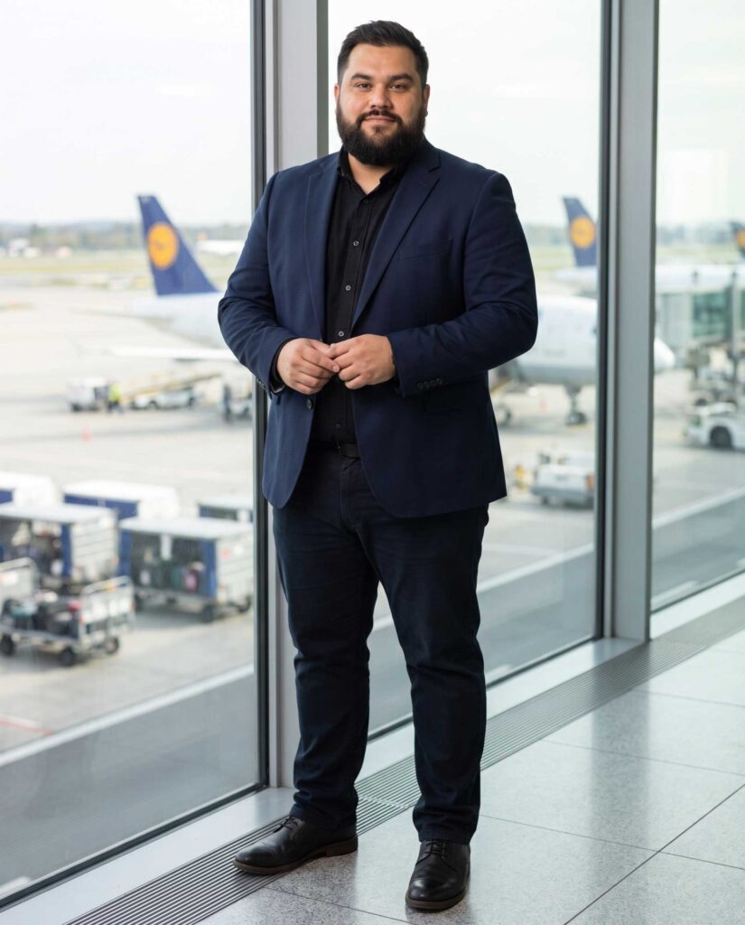 Mark steht im dunklen Anzug vor einer großen Fensterfront am Flughafen Frankfurt.