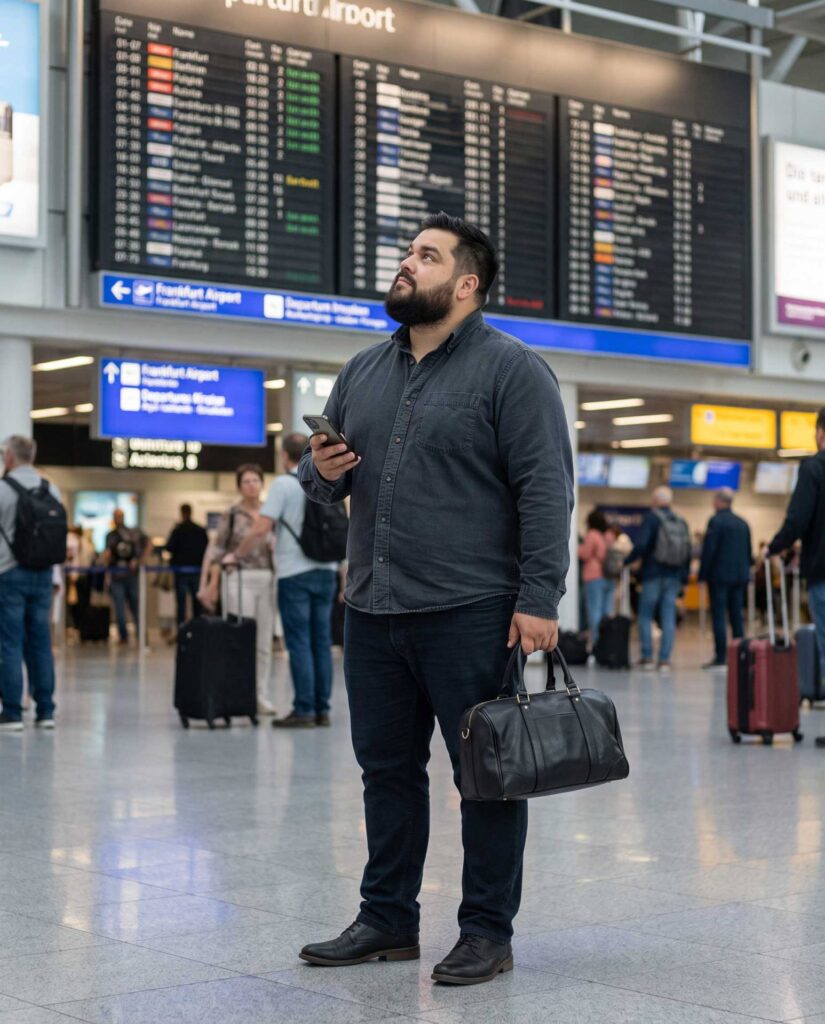 Mark steht mit Reisetasche und Smartphone vor der Abflugtafel am Flughafen Frankfurt.