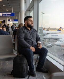 Mark sitzt mit Kaffeebecher und Rucksack am Fenster des Frankfurter Flughafens.