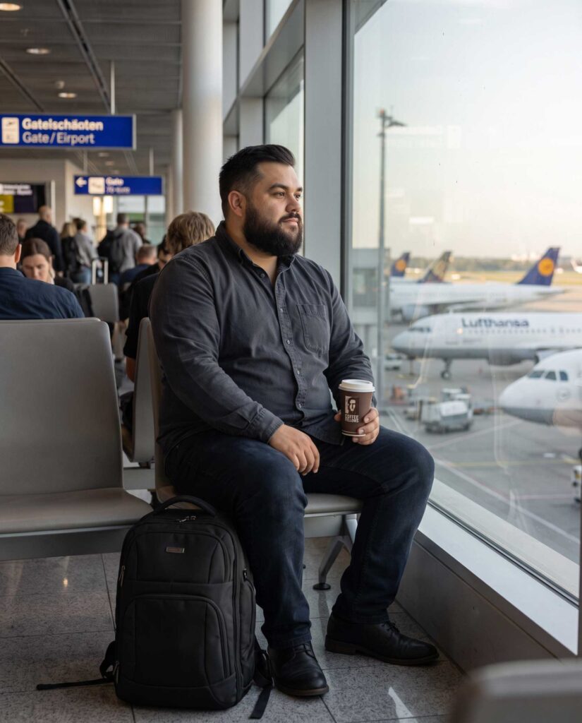Mark sitzt mit Kaffeebecher und Rucksack am Fenster des Frankfurter Flughafens.