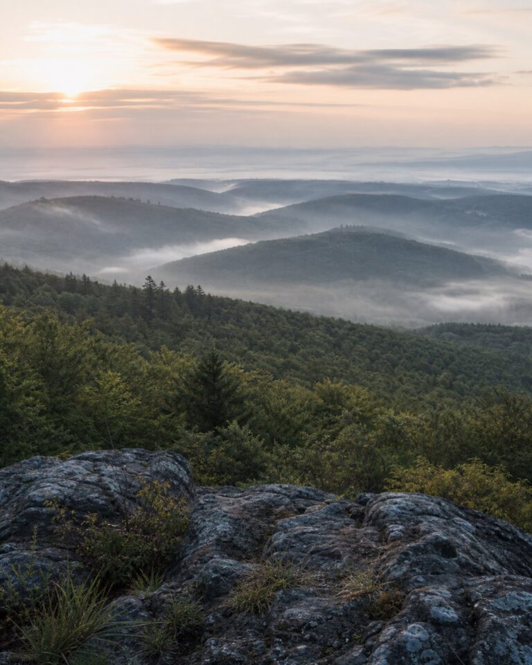Morgennebel liegt über den bewaldeten Hügeln des Taunus bei Sonnenaufgang.