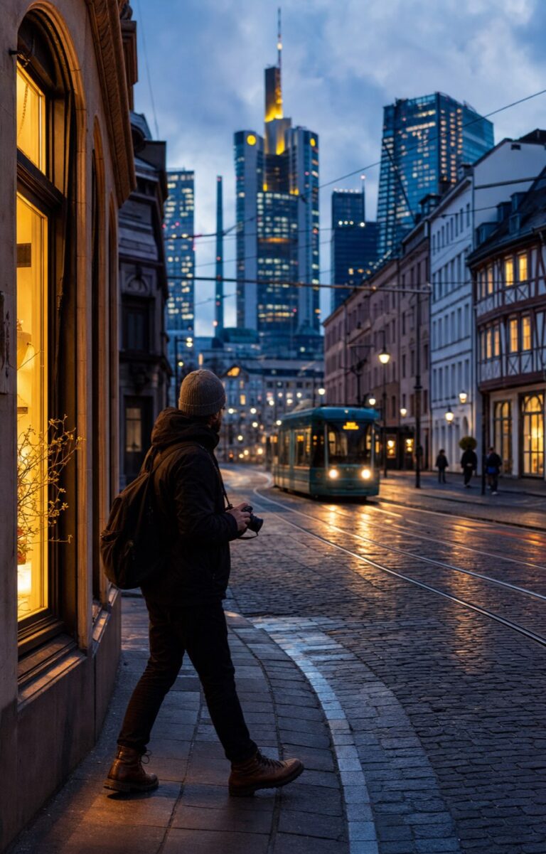 Fotograf bei einem abendlichen Streifzug durch Frankfurt mit Straßenbahn und Skyline im Hintergrund.